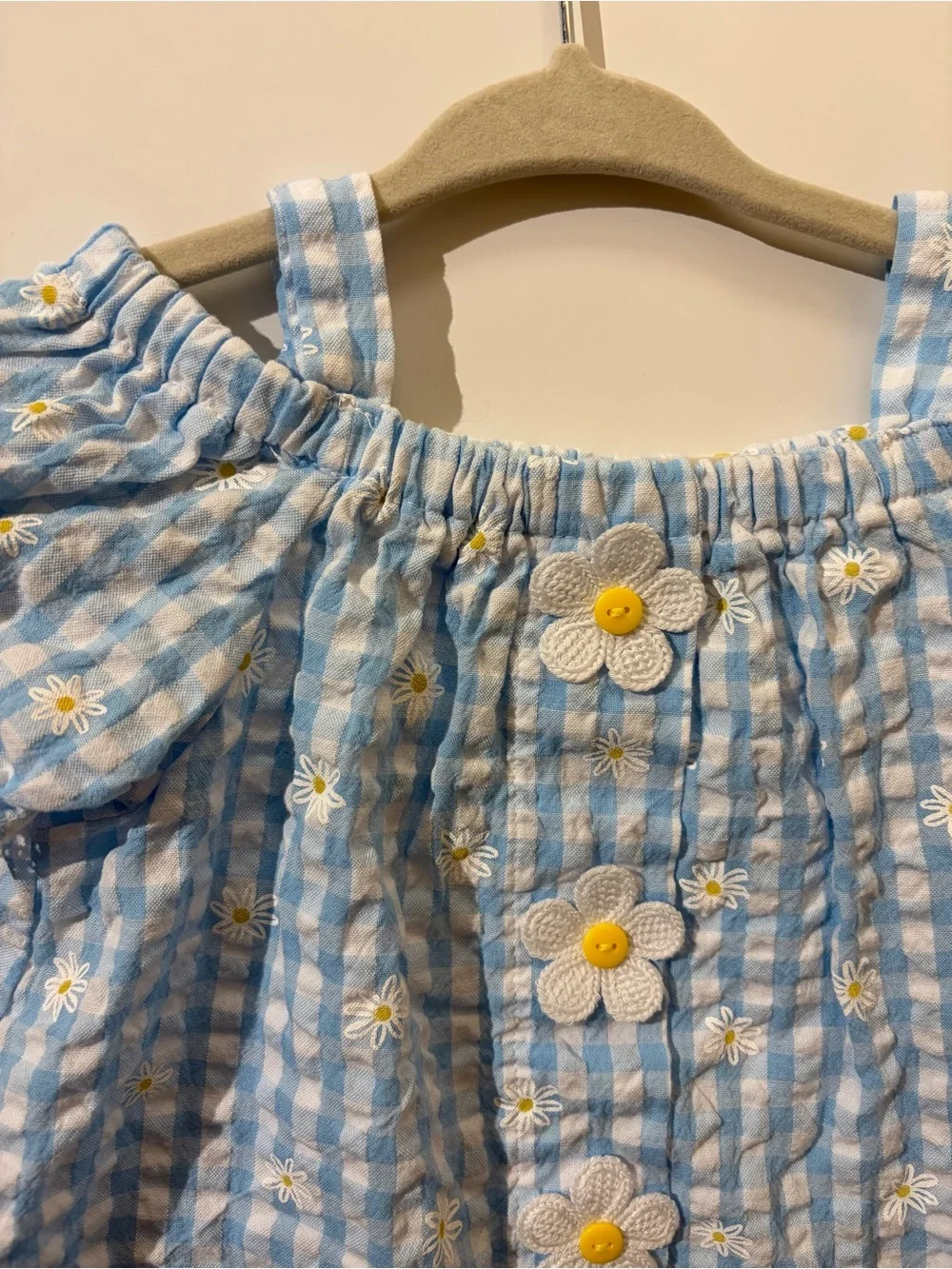Toddler Girls Light Blue Gingham Seersucker Daisy Shirt and Shorts Set 3T NWOT
